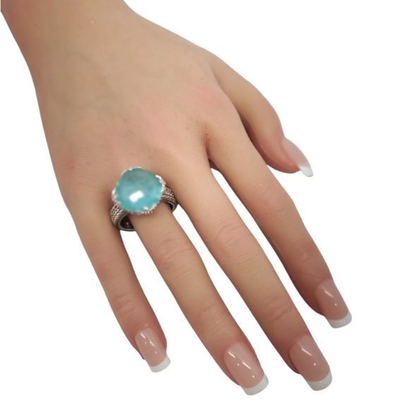 Judith Ripka Sterling Silver Cubic Zirconia & Teal Stone Ring Size 11 #20834 - Picture 8 of 9